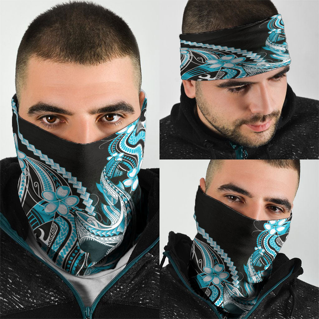 Blue Black Aloha Hawaii Neck Gaiter Polynesian Shark Tattoo Plumeria