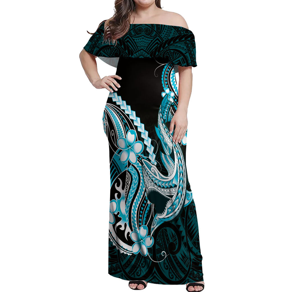 Blue Black Aloha Hawaii Off Shoulder Maxi Dress Polynesian Shark Tattoo Plumeria