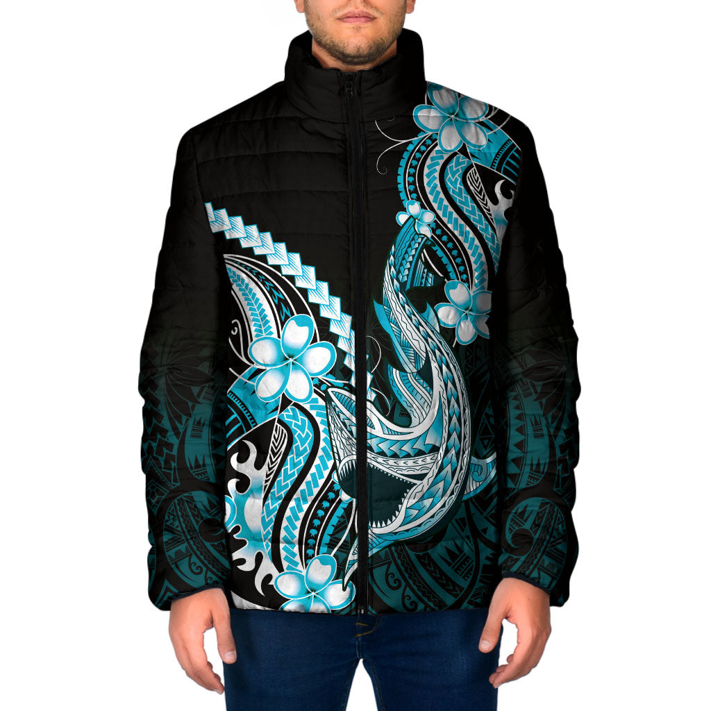 Blue Black Aloha Hawaii Padded Jacket Polynesian Shark Tattoo Plumeria