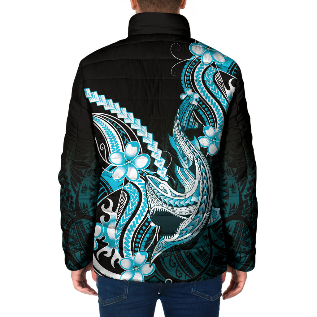Blue Black Aloha Hawaii Padded Jacket Polynesian Shark Tattoo Plumeria