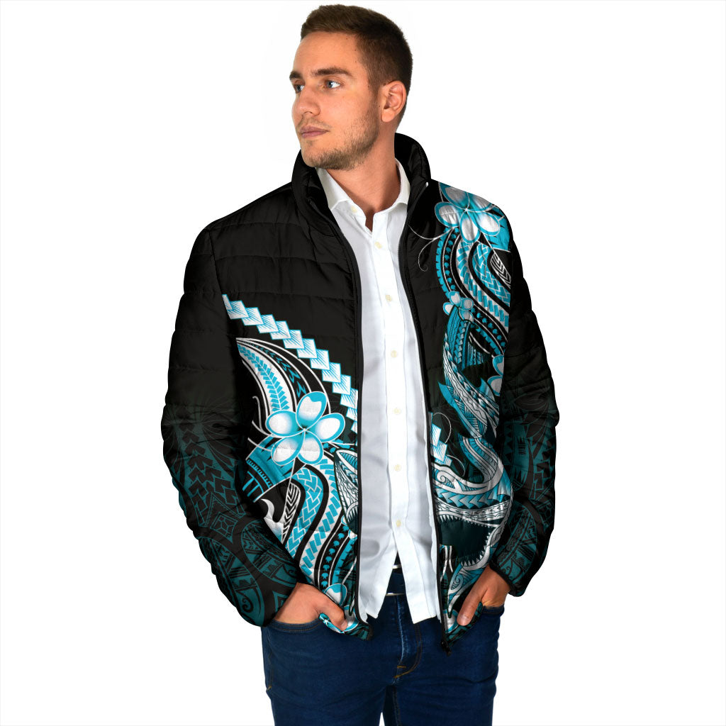 Blue Black Aloha Hawaii Padded Jacket Polynesian Shark Tattoo Plumeria
