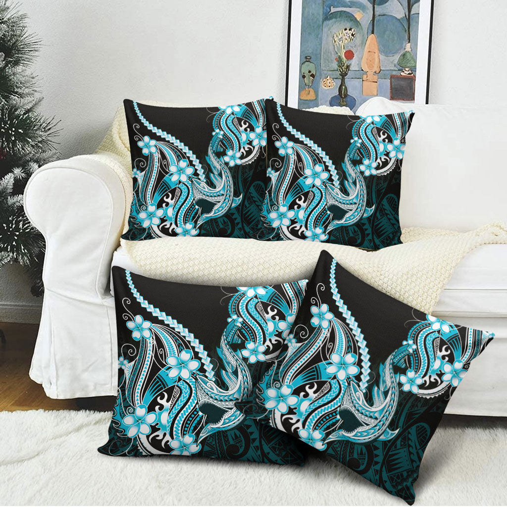 Blue Black Aloha Hawaii Pillow Cover Polynesian Shark Tattoo Plumeria