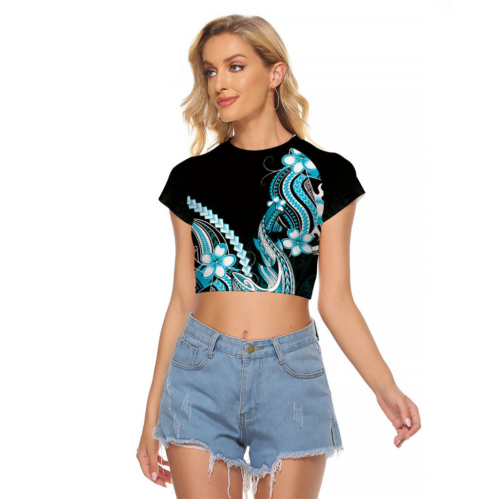 Blue Black Aloha Hawaii Raglan Cropped T Shirt Polynesian Shark Tattoo Plumeria LT14 Female Blue - Polynesian Pride