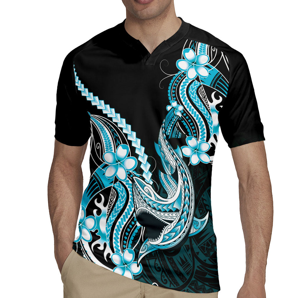 Blue Black Aloha Hawaii Rugby Jersey Polynesian Shark Tattoo Plumeria