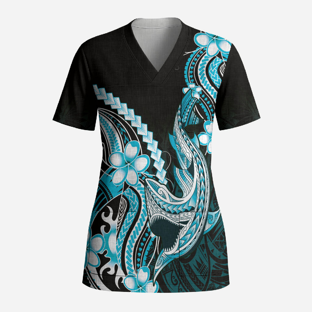 Blue Black Aloha Hawaii Scrub Top Polynesian Shark Tattoo Plumeria