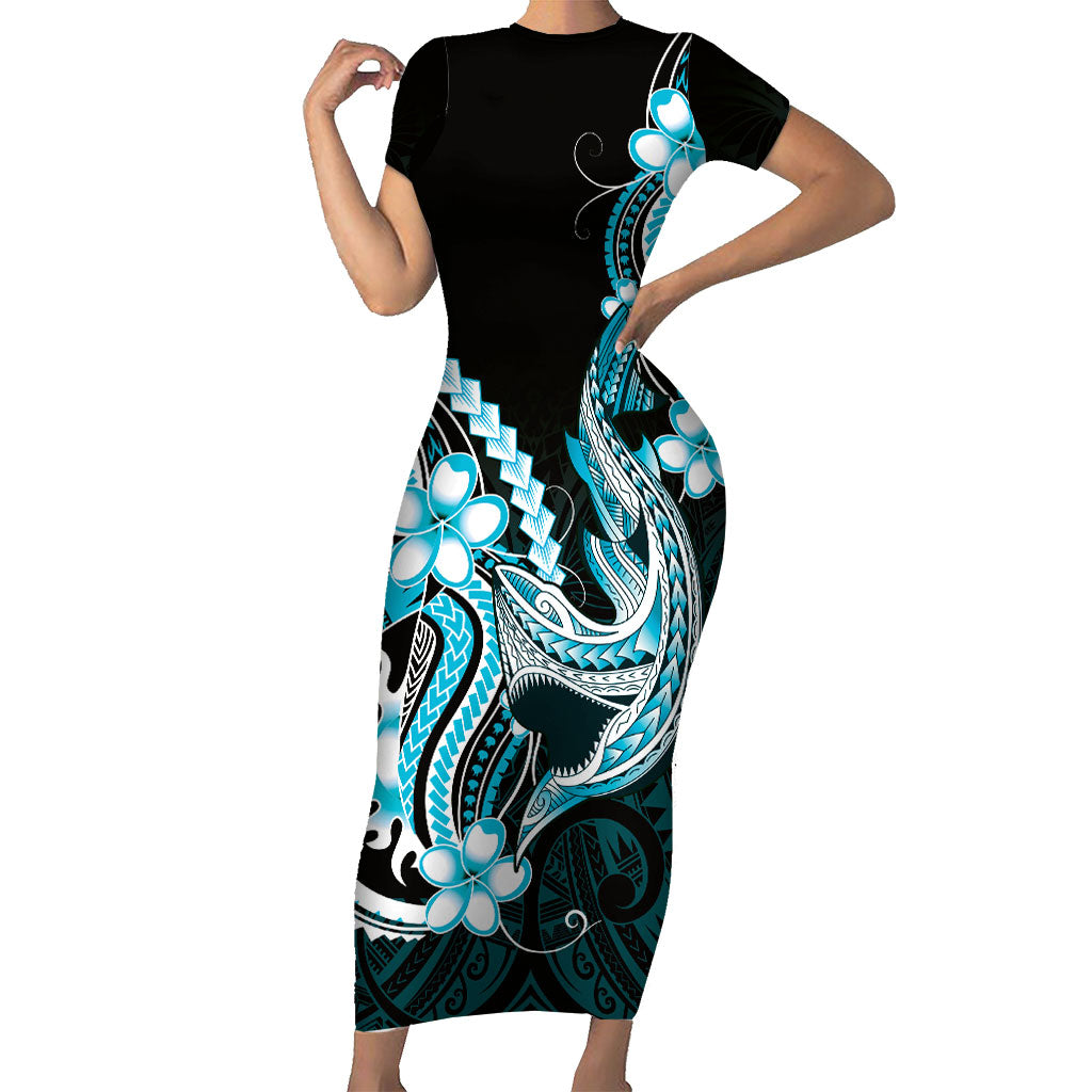 Blue Black Aloha Hawaii Short Sleeve Bodycon Dress Polynesian Shark Tattoo Plumeria