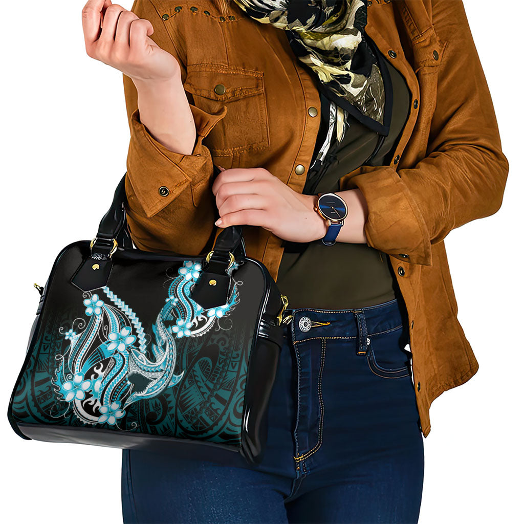 Blue Black Aloha Hawaii Shoulder Handbag Polynesian Shark Tattoo Plumeria