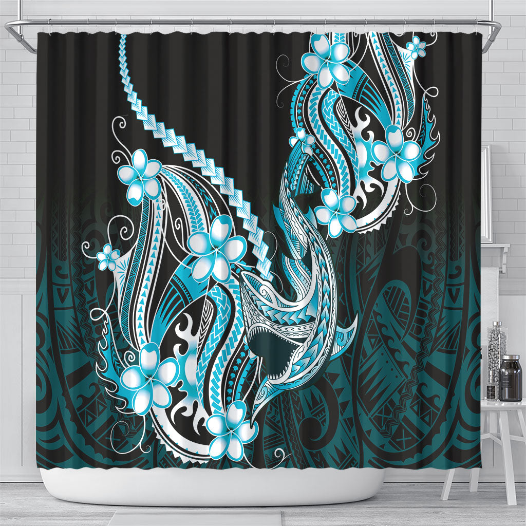 Blue Black Aloha Hawaii Shower Curtain Polynesian Shark Tattoo Plumeria
