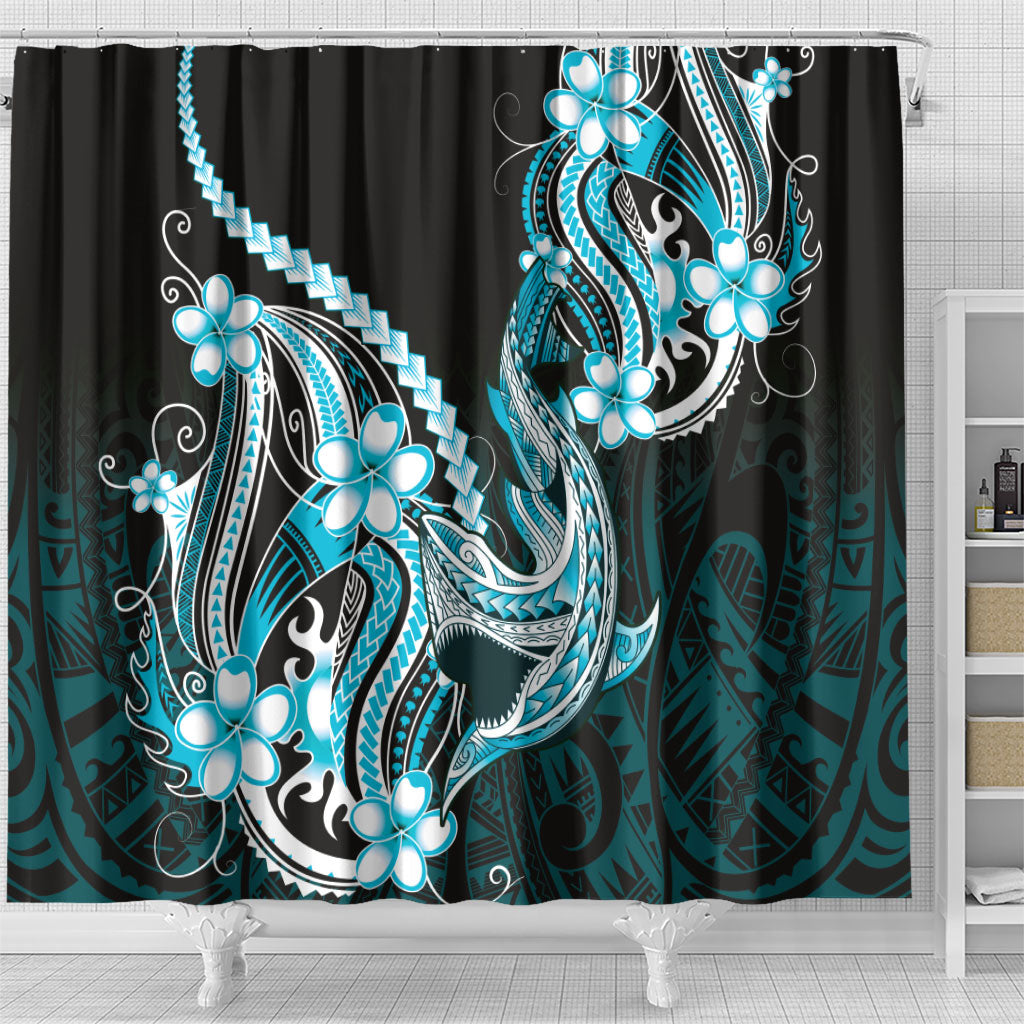 Blue Black Aloha Hawaii Shower Curtain Polynesian Shark Tattoo Plumeria