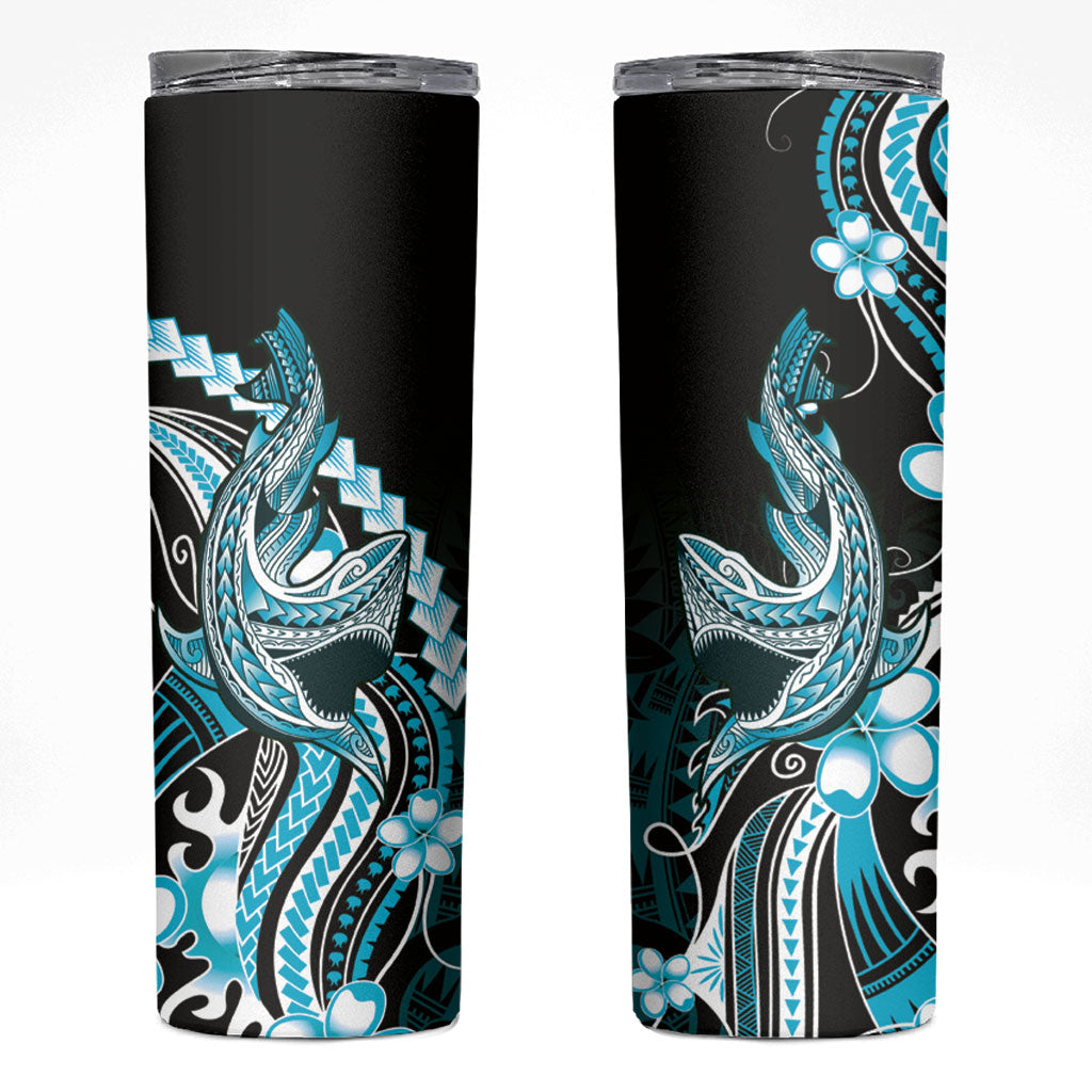 Blue Black Aloha Hawaii Skinny Tumbler Polynesian Shark Tattoo Plumeria