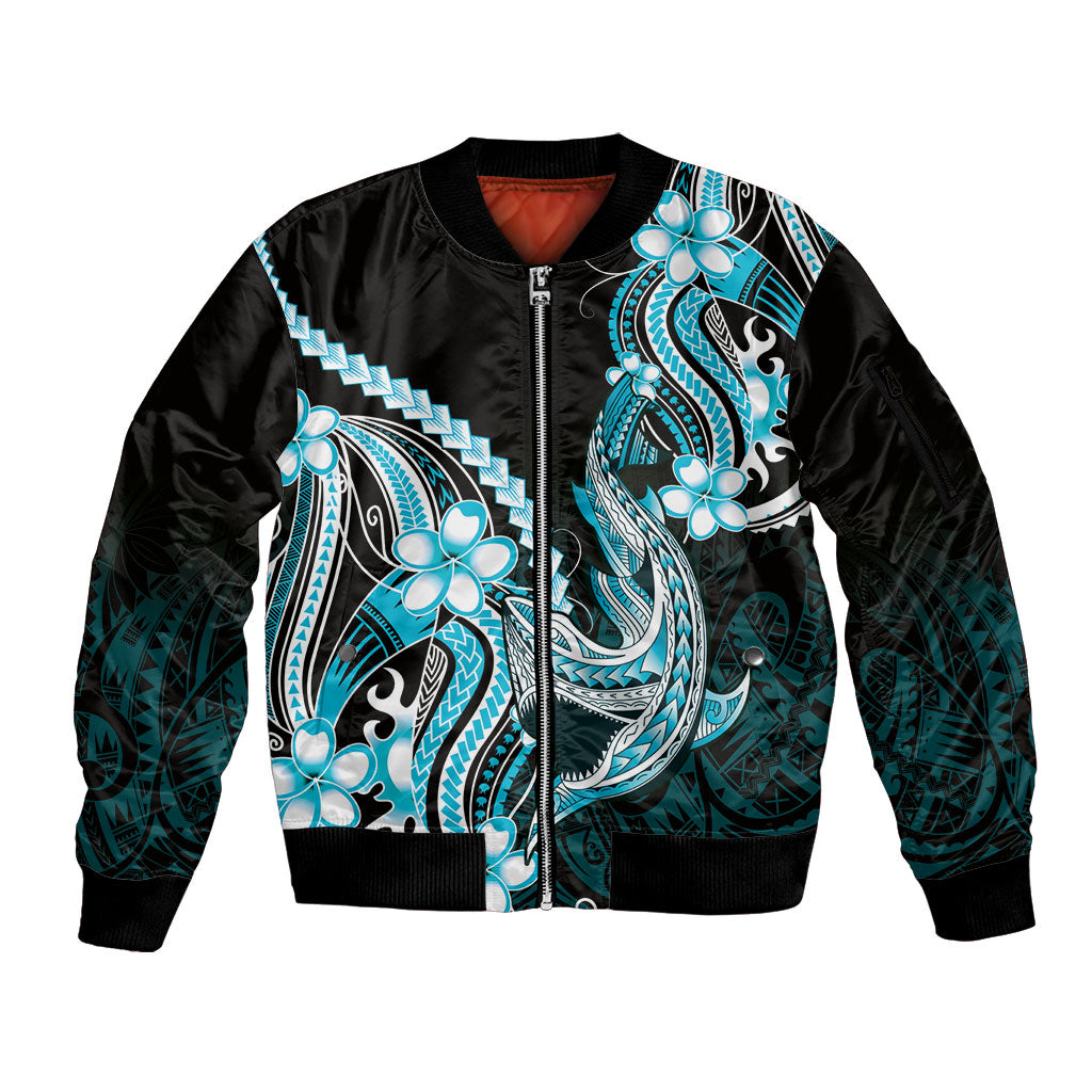 Blue Black Aloha Hawaii Sleeve Zip Bomber Jacket Polynesian Shark Tattoo Plumeria LT14 Unisex Blue - Polynesian Pride
