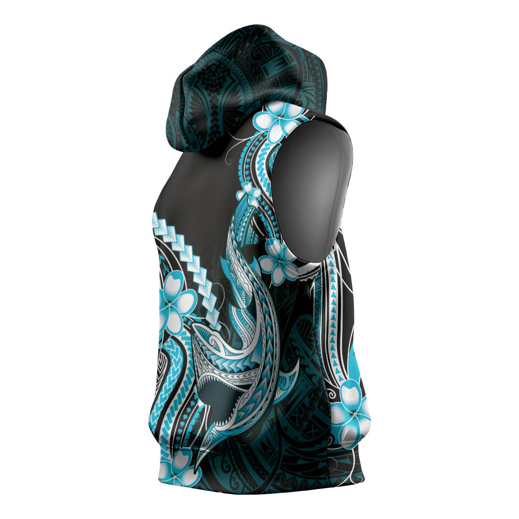 Blue Black Aloha Hawaii Sleeveless Hoodie Polynesian Shark Tattoo Plumeria