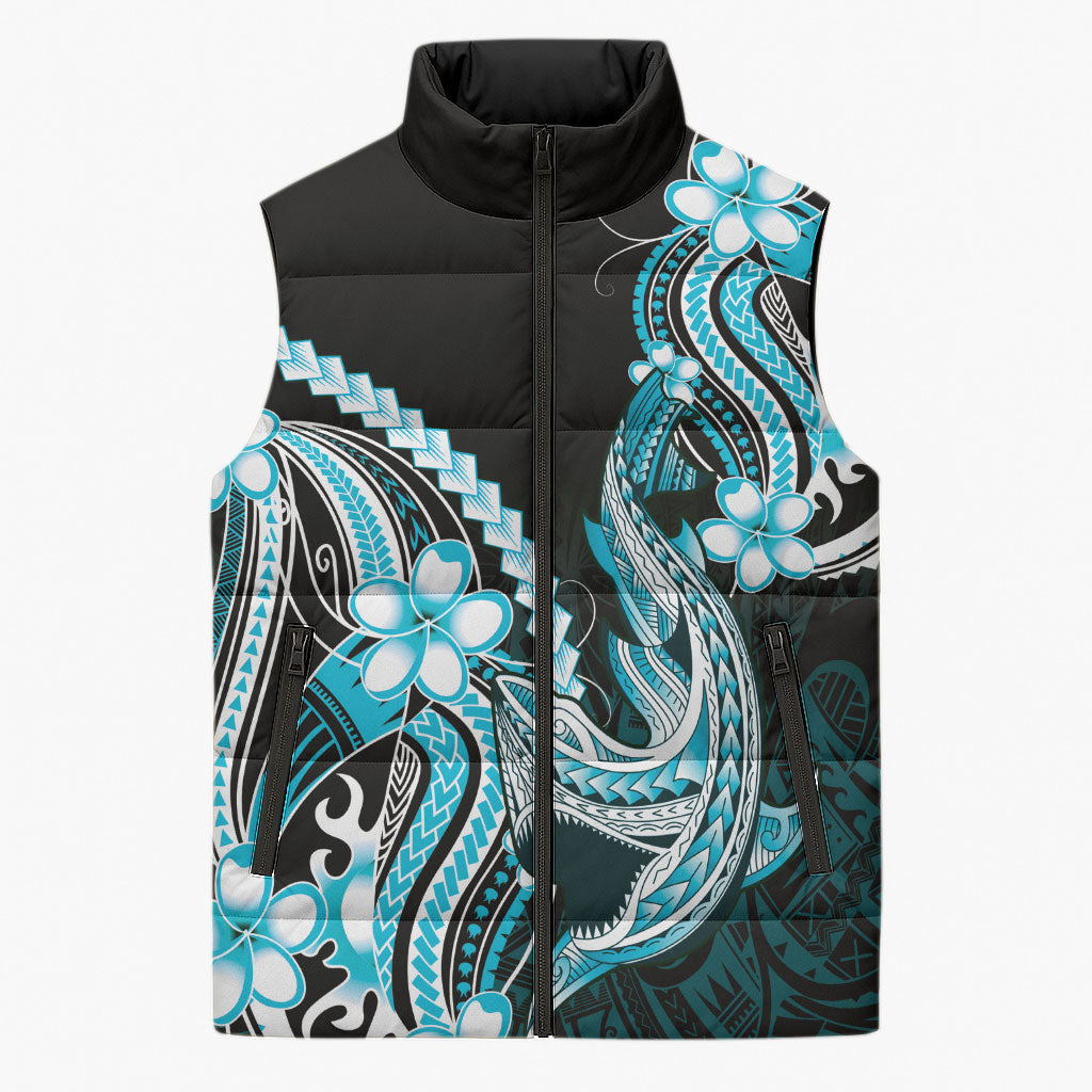 Blue Black Aloha Hawaii Sleeveless Puffer Jacket Polynesian Shark Tattoo Plumeria