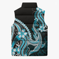 Blue Black Aloha Hawaii Sleeveless Puffer Jacket Polynesian Shark Tattoo Plumeria
