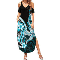 Blue Black Aloha Hawaii Summer Maxi Dress Polynesian Shark Tattoo Plumeria