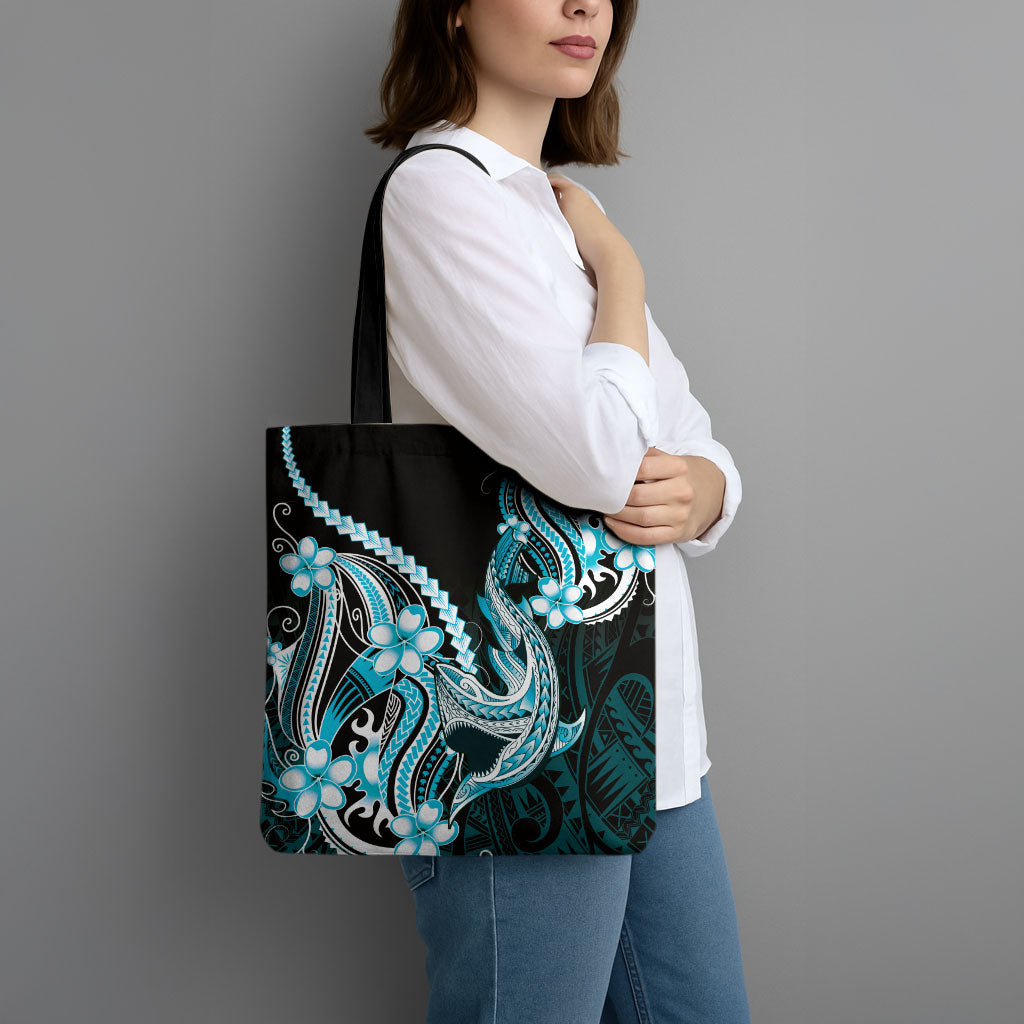 Blue Black Aloha Hawaii Tote Bag Polynesian Shark Tattoo Plumeria