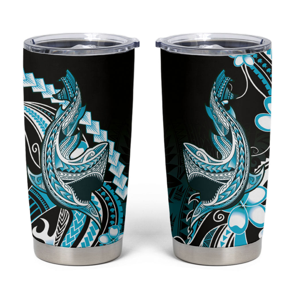 Blue Black Aloha Hawaii Tumbler Cup Polynesian Shark Tattoo Plumeria