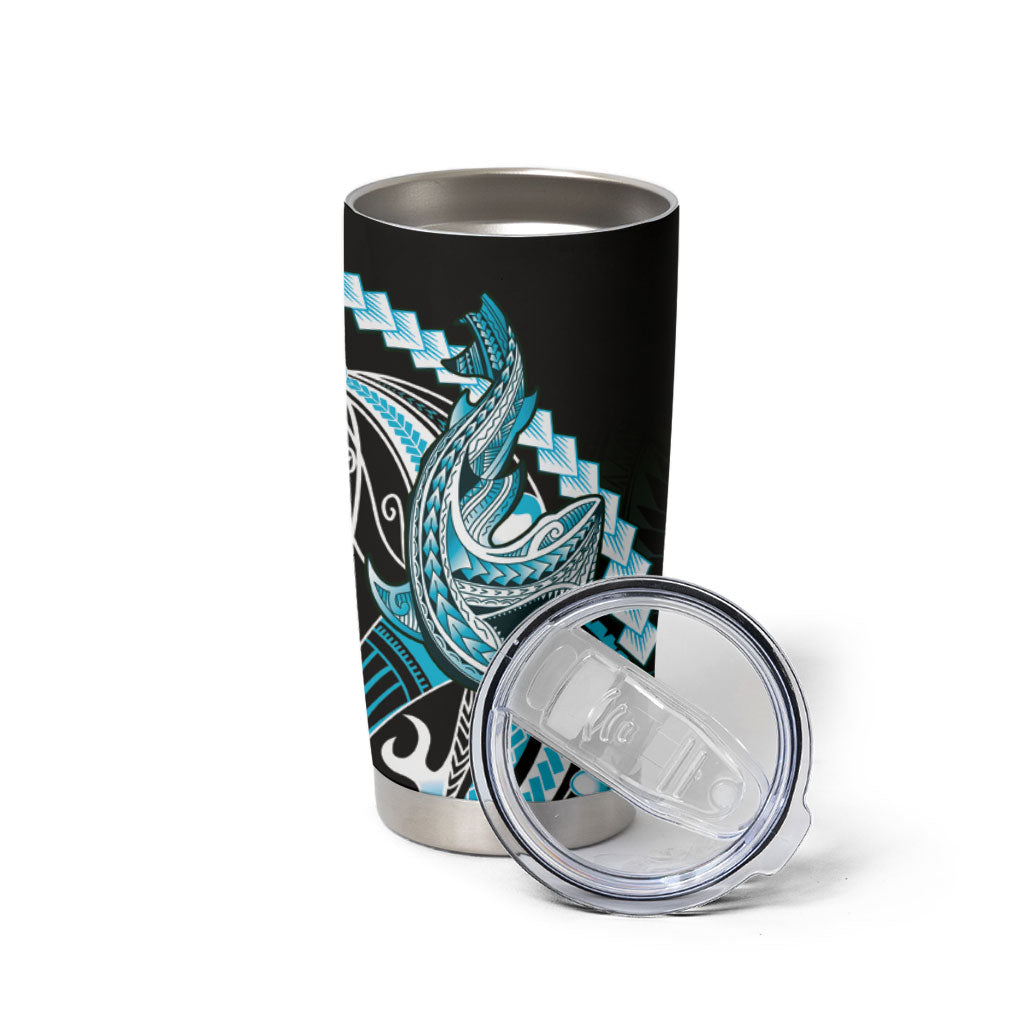 Blue Black Aloha Hawaii Tumbler Cup Polynesian Shark Tattoo Plumeria
