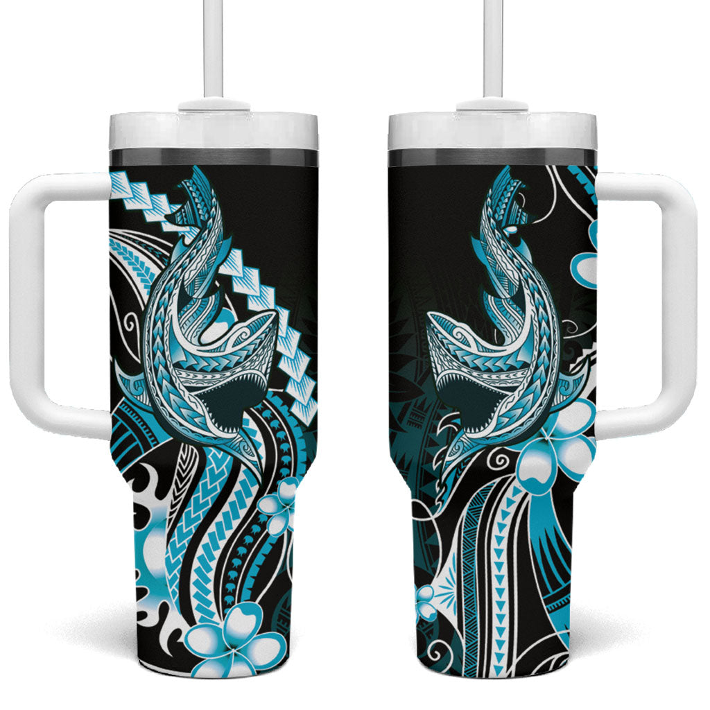 Blue Black Aloha Hawaii Tumbler With Handle Polynesian Shark Tattoo Plumeria LT14 One Size: 40 oz Blue - Polynesian Pride