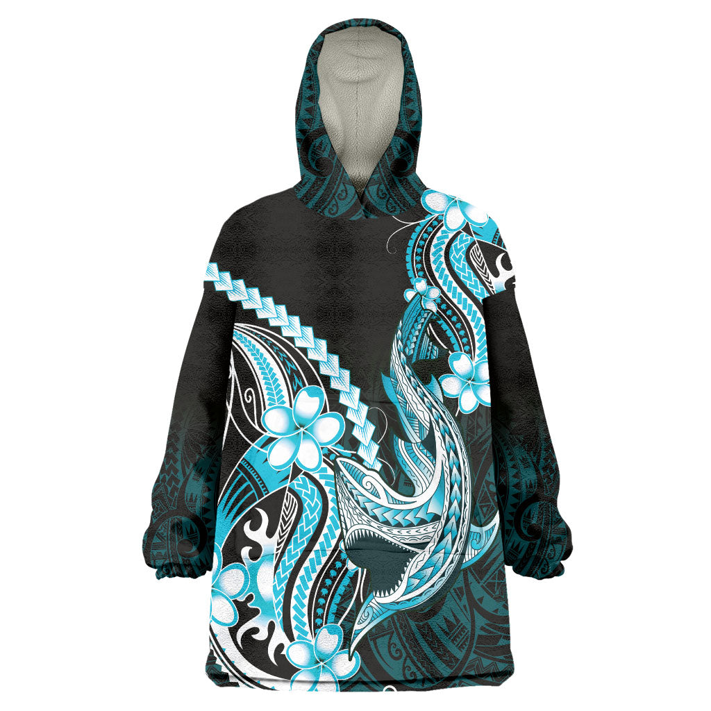 Blue Black Aloha Hawaii Wearable Blanket Hoodie Polynesian Shark Tattoo Plumeria