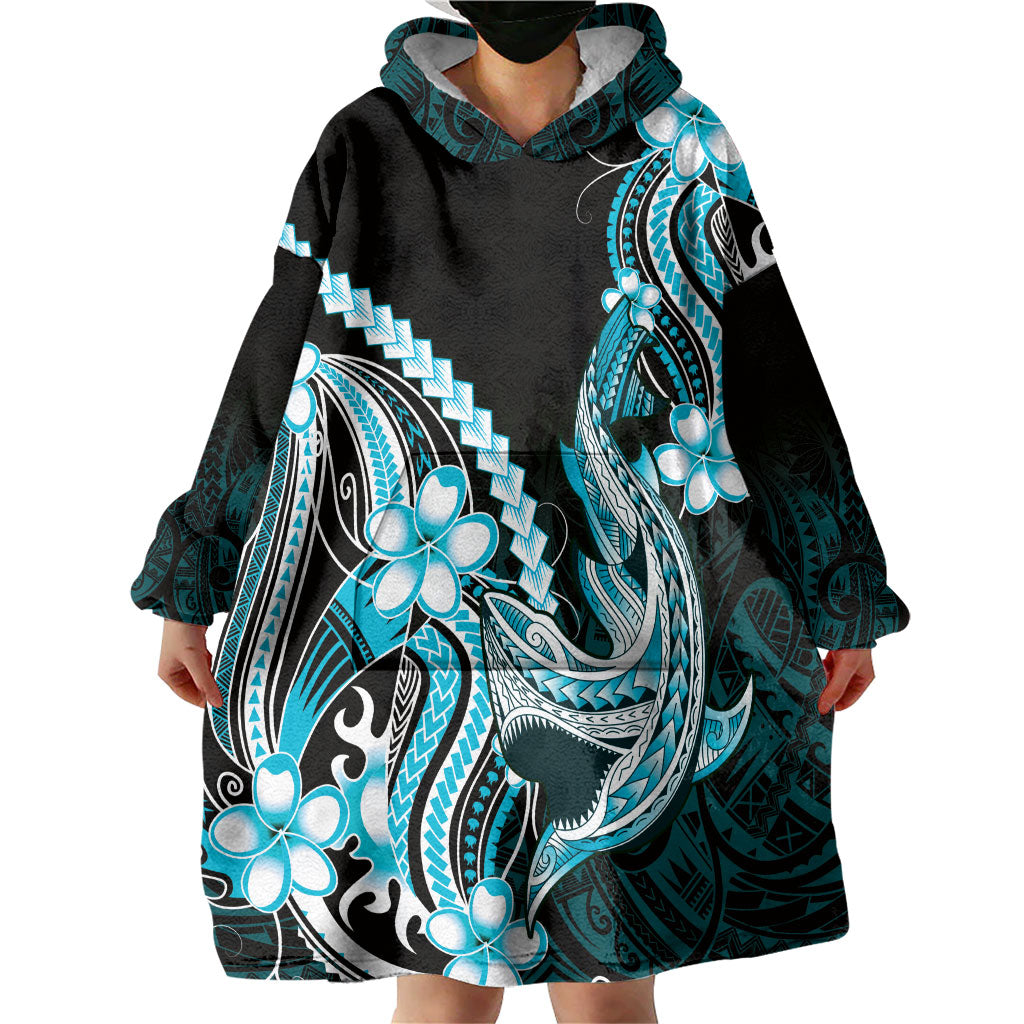 Blue Black Aloha Hawaii Wearable Blanket Hoodie Polynesian Shark Tattoo Plumeria
