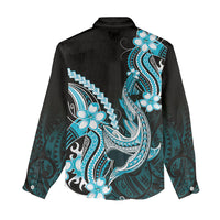 Blue Black Aloha Hawaii Women Casual Shirt Polynesian Shark Tattoo Plumeria