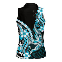 Blue Black Aloha Hawaii Women Sleeveless Polo Shirt Polynesian Shark Tattoo Plumeria