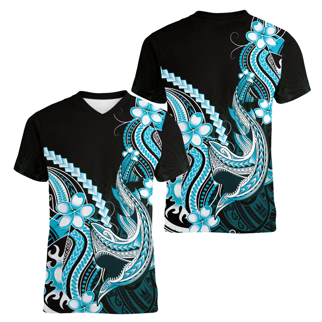 Blue Black Aloha Hawaii Women V-Neck T-Shirt Polynesian Shark Tattoo Plumeria