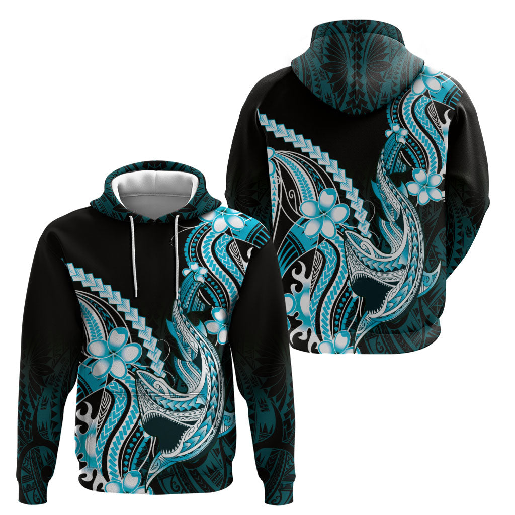 Blue Black Aloha Hawaii Zip Hoodie Polynesian Shark Tattoo Plumeria