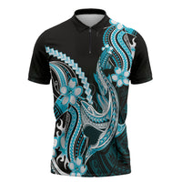 Blue Black Aloha Hawaii Zipper Polo Shirt Polynesian Shark Tattoo Plumeria