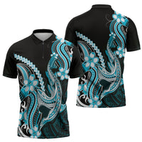 Blue Black Aloha Hawaii Zipper Polo Shirt Polynesian Shark Tattoo Plumeria