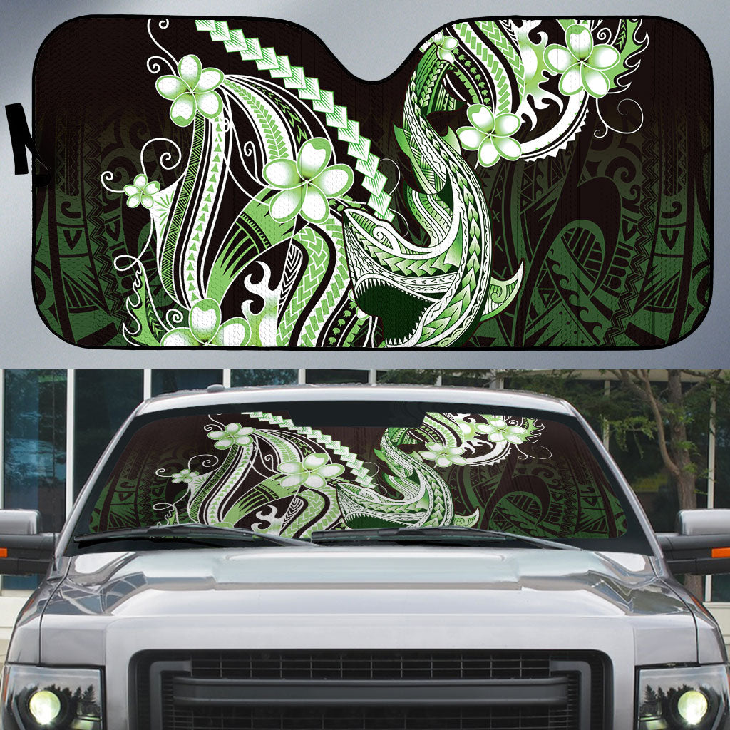 Green Black Aloha Hawaii Auto Sun Shade Polynesian Shark Tattoo Plumeria LT14 Green - Polynesian Pride