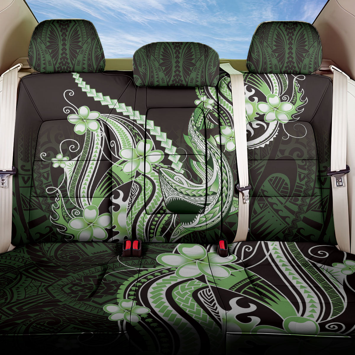 Green Black Aloha Hawaii Back Car Seat Cover Polynesian Shark Tattoo Plumeria