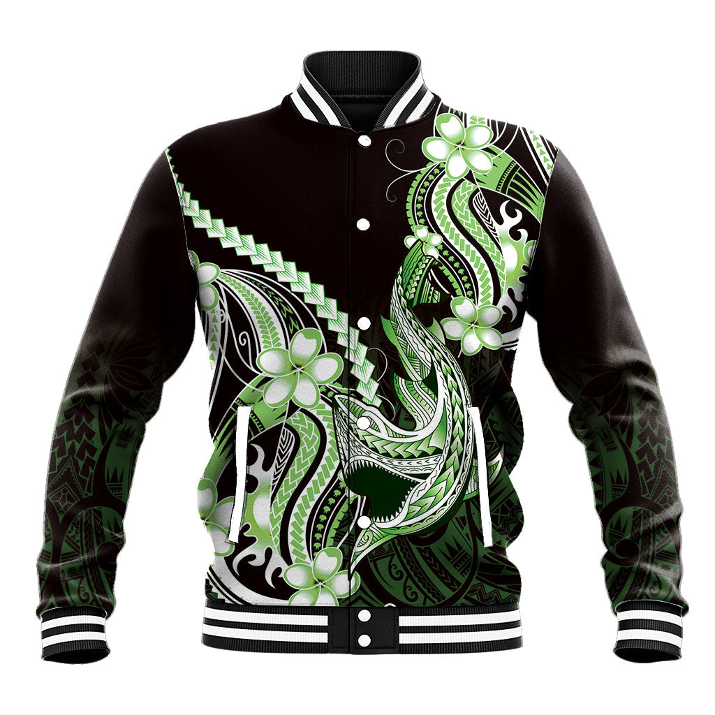 Green Black Aloha Hawaii Baseball Jacket Polynesian Shark Tattoo Plumeria LT14 Unisex Green - Polynesian Pride