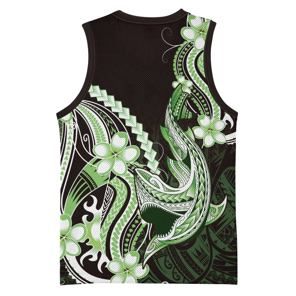 Green Black Aloha Hawaii Basketball Jersey Polynesian Shark Tattoo Plumeria