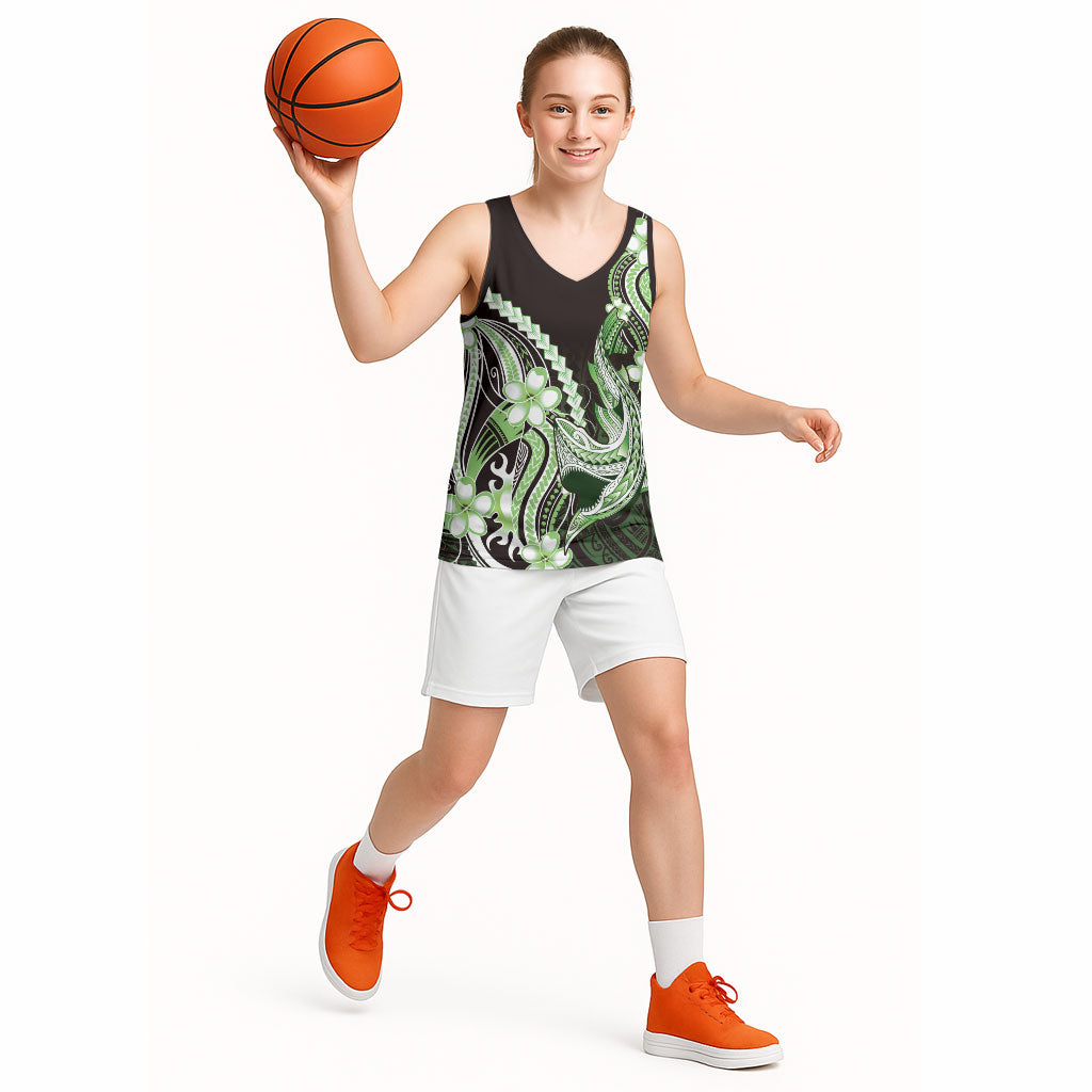Green Black Aloha Hawaii Basketball Jersey Polynesian Shark Tattoo Plumeria