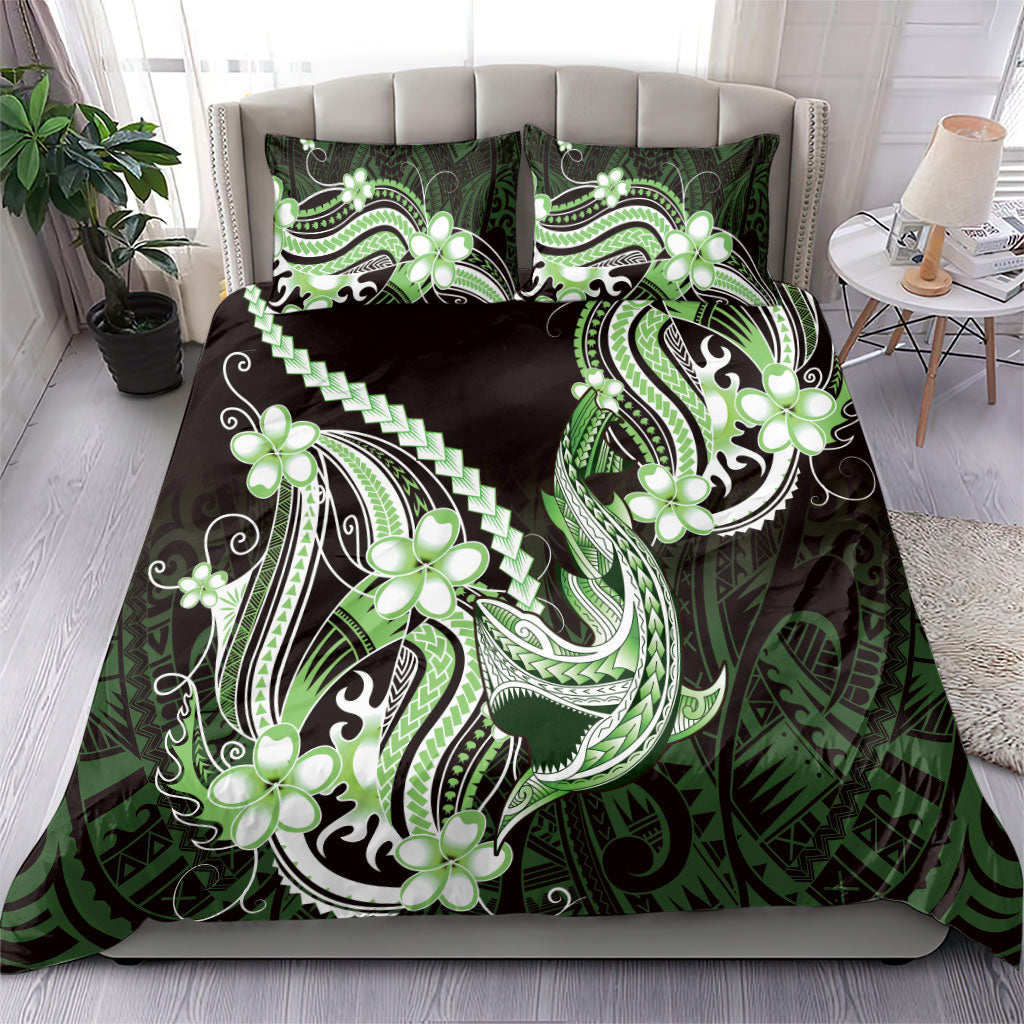 Green Black Aloha Hawaii Bedding Set Polynesian Shark Tattoo Plumeria