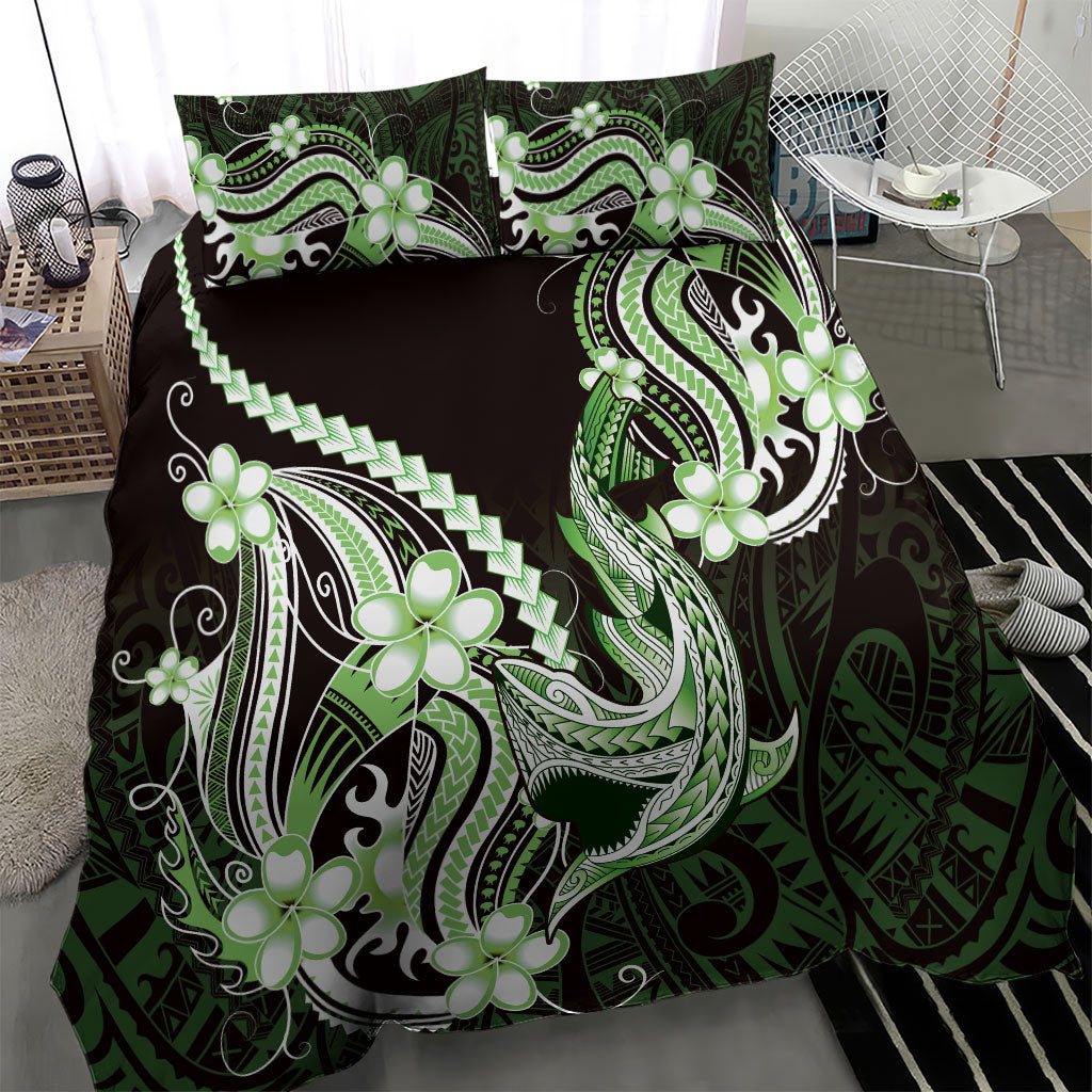 Green Black Aloha Hawaii Bedding Set Polynesian Shark Tattoo Plumeria