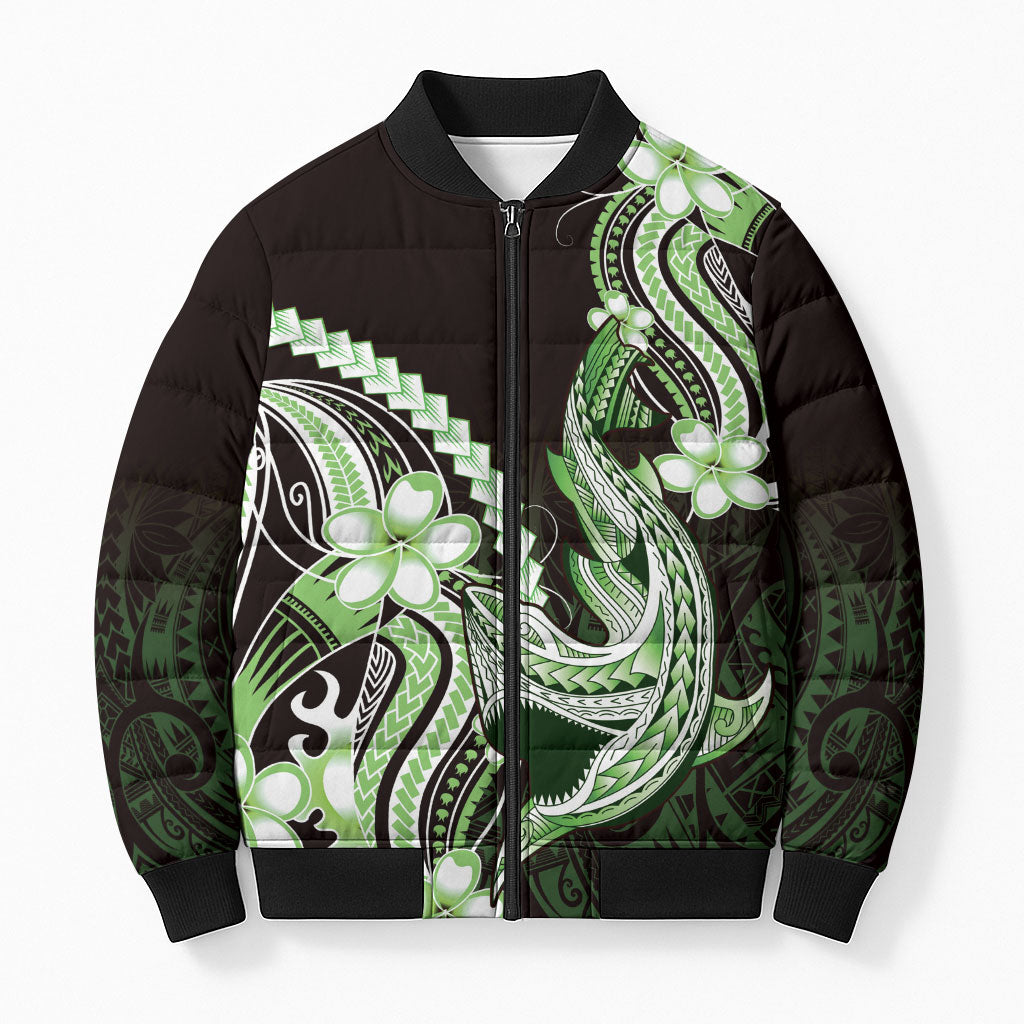 Green Black Aloha Hawaii Bomber Puffer Jacket Polynesian Shark Tattoo Plumeria