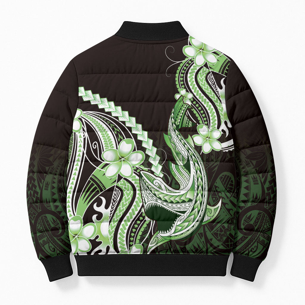 Green Black Aloha Hawaii Bomber Puffer Jacket Polynesian Shark Tattoo Plumeria