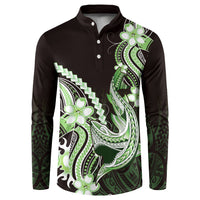 Green Black Aloha Hawaii Button Sweatshirt Polynesian Shark Tattoo Plumeria