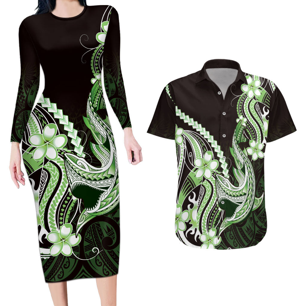 Green Black Aloha Hawaii Couples Matching Long Sleeve Bodycon Dress and Hawaiian Shirt Polynesian Shark Tattoo Plumeria