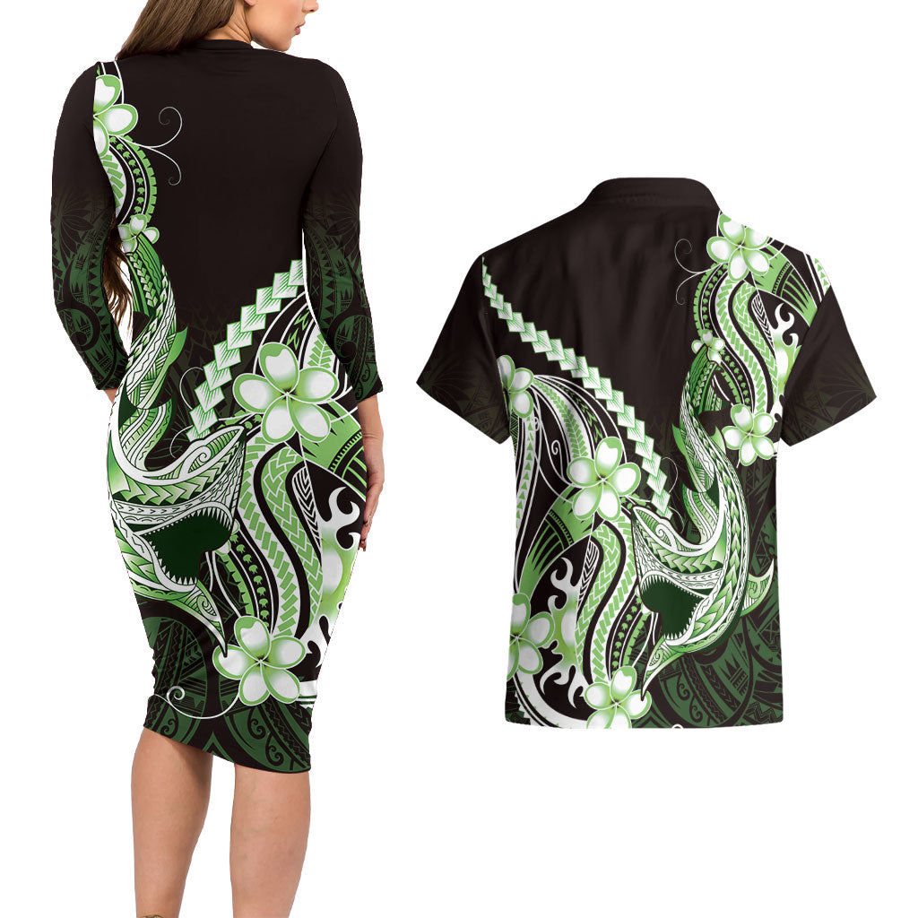 Green Black Aloha Hawaii Couples Matching Long Sleeve Bodycon Dress and Hawaiian Shirt Polynesian Shark Tattoo Plumeria