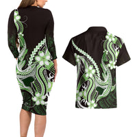 Green Black Aloha Hawaii Couples Matching Long Sleeve Bodycon Dress and Hawaiian Shirt Polynesian Shark Tattoo Plumeria