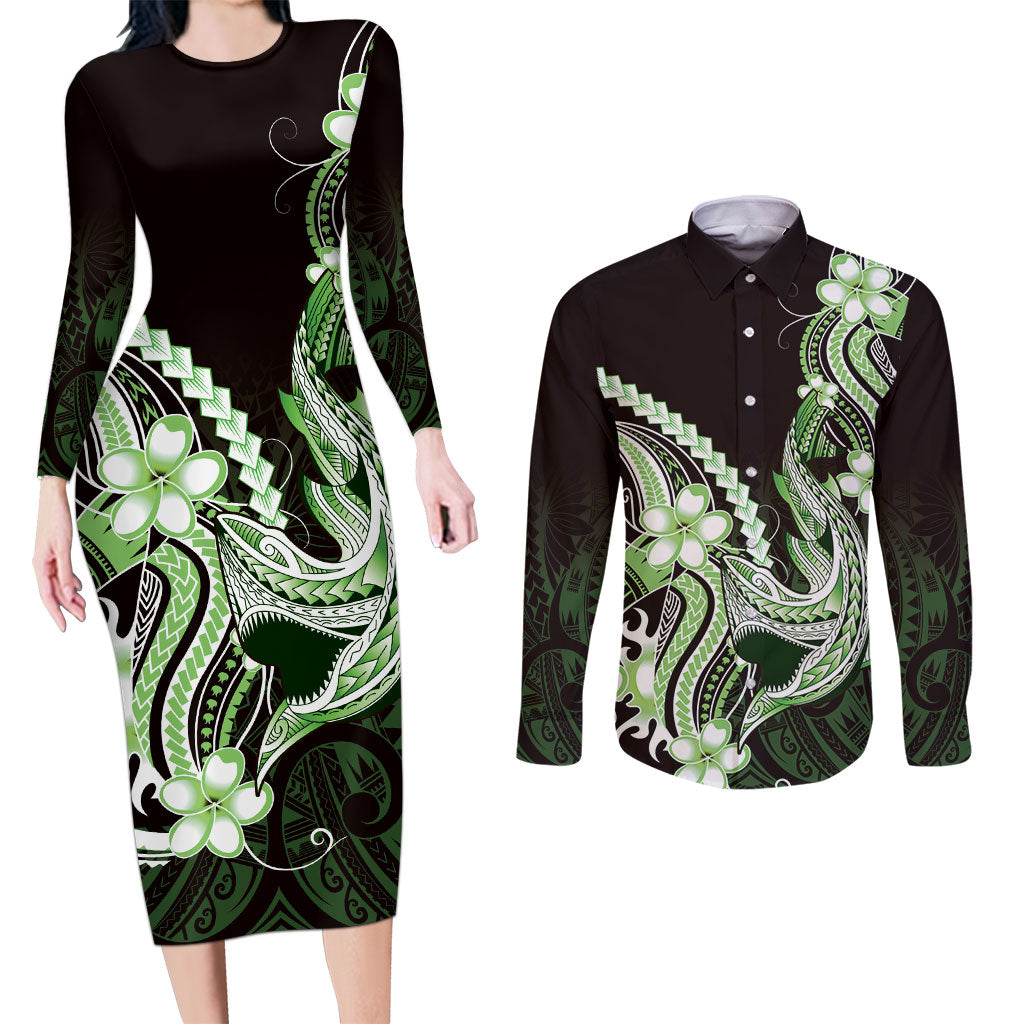 Green Black Aloha Hawaii Couples Matching Long Sleeve Bodycon Dress and Long Sleeve Button Shirt Polynesian Shark Tattoo Plumeria
