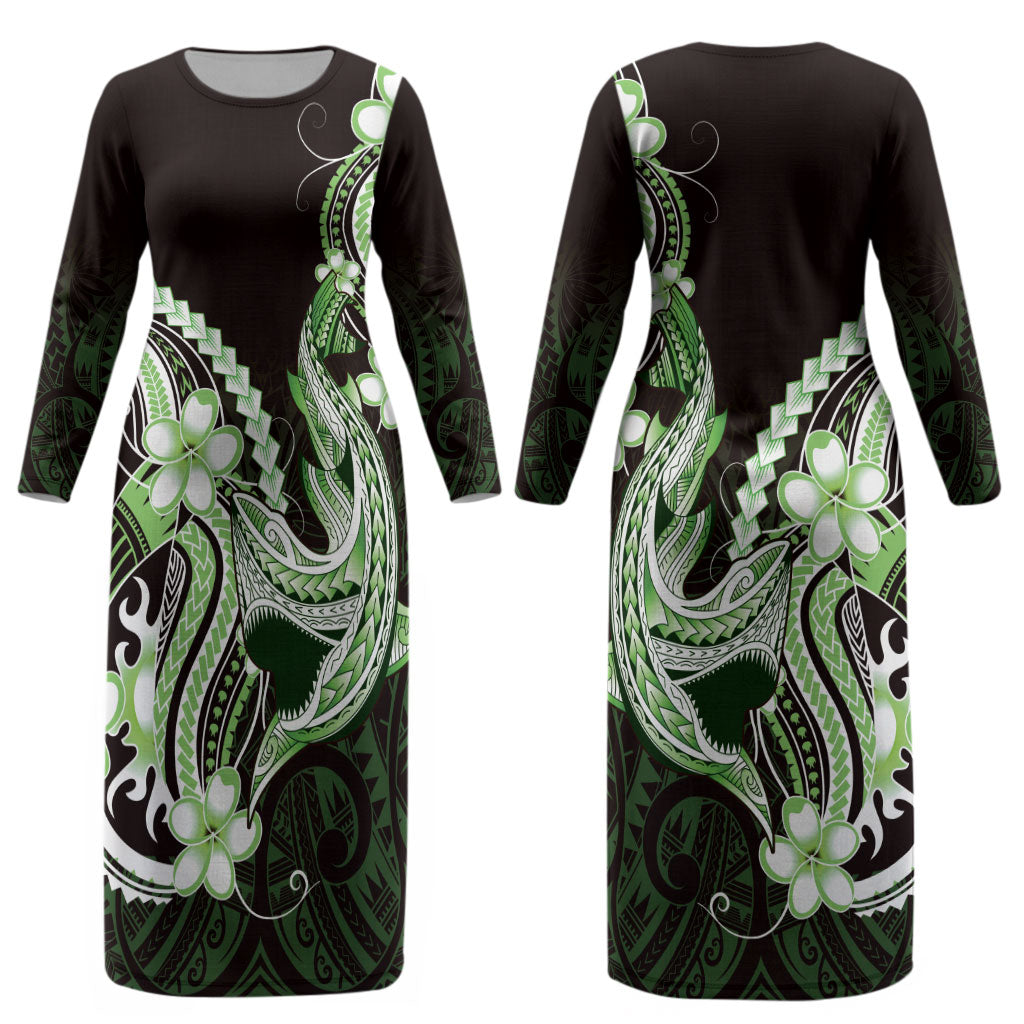 Green Black Aloha Hawaii Couples Matching Long Sleeve Bodycon Dress and Long Sleeve Button Shirt Polynesian Shark Tattoo Plumeria LT14