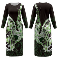 Green Black Aloha Hawaii Couples Matching Long Sleeve Bodycon Dress and Long Sleeve Button Shirt Polynesian Shark Tattoo Plumeria LT14