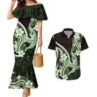 Green Black Aloha Hawaii Couples Matching Mermaid Dress and Hawaiian Shirt Polynesian Shark Tattoo Plumeria