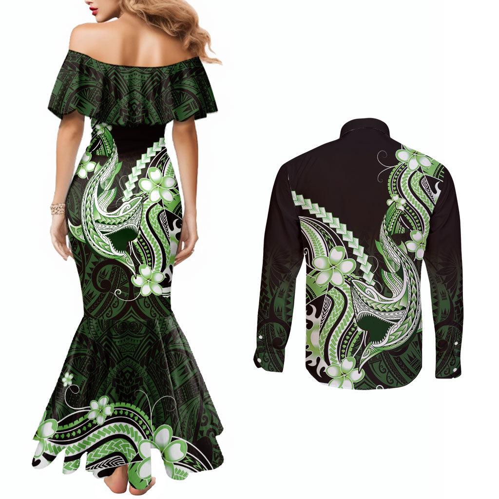 Green Black Aloha Hawaii Couples Matching Mermaid Dress and Long Sleeve Button Shirt Polynesian Shark Tattoo Plumeria