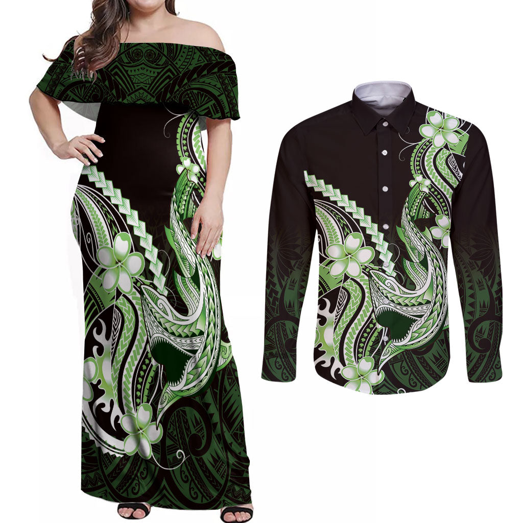 Green Black Aloha Hawaii Couples Matching Off Shoulder Maxi Dress and Long Sleeve Button Shirt Polynesian Shark Tattoo Plumeria
